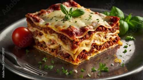 Create an imagen of an lasagne. The lasagne is in aluminum envase, very hot with vivid colors