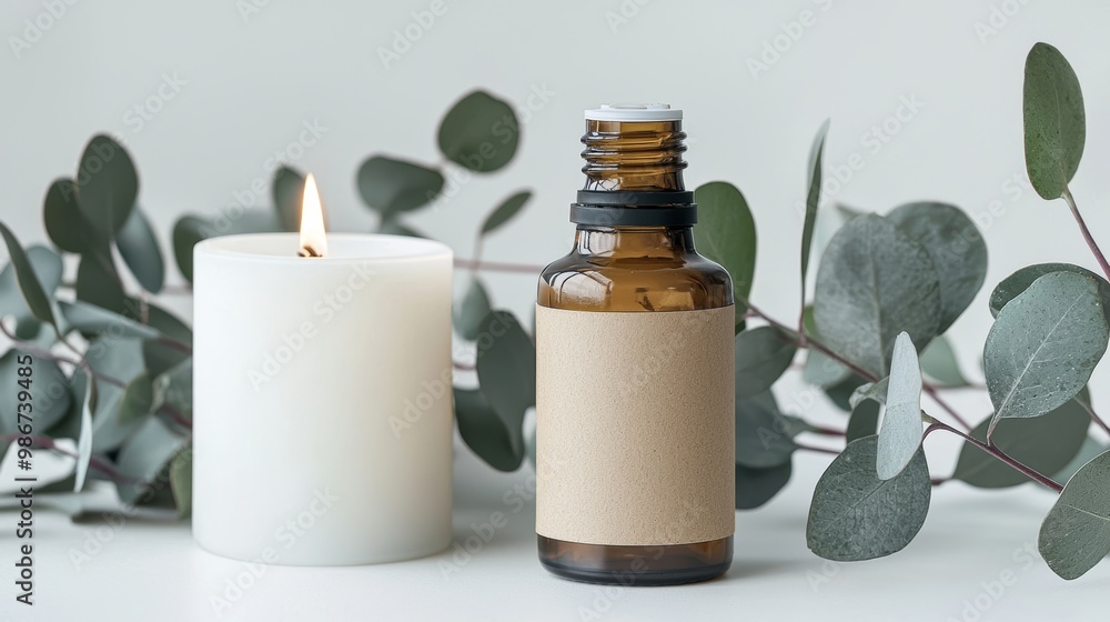 Eucalyptus essential oil in a glass bottle with green eucalyptus leaves on a white background. Aromatherapy concept. Spa. Natural organic ingredients for cosmetics and body care.