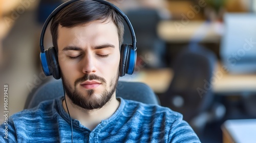 Man wearing noise-canceling headphones, focused and relaxed in a busy office environment, symbolizing the concept of noise cancellation and productivity enhancement