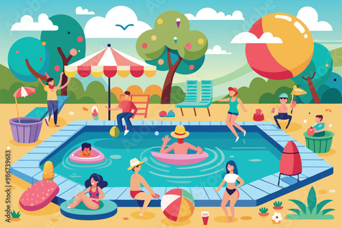 Groups of friends have fun at a lively pool party surrounded by sunny skies and colorful decor, Customizable flat illustration for a pool party.