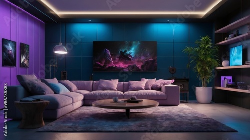 realistic Design a living room. YouTube studio background. YouTube thumbnail background with a it RGB purppurple light setup, new gadgets, youtube silver button and soft and hard light one sile blue