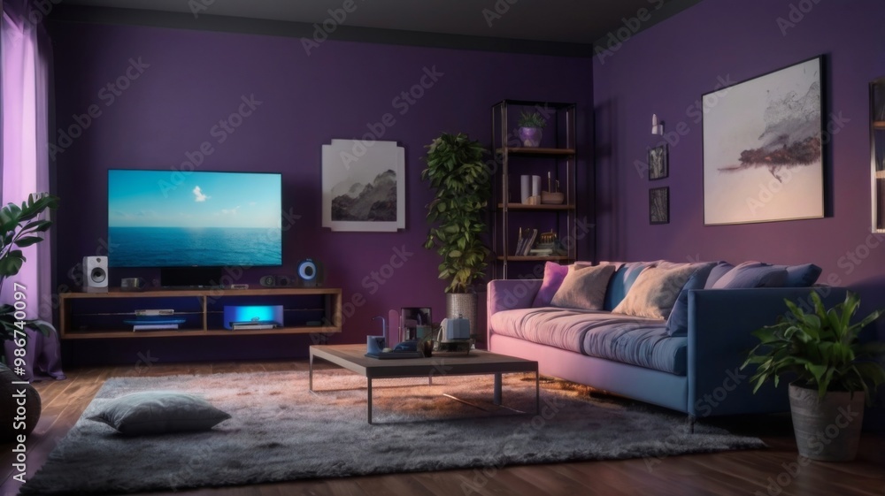 realistic Design a living room. YouTube studio background. YouTube thumbnail background with a it RGB purppurple light setup, new gadgets, youtube silver button and soft and hard light one sile blue realistic Design a living room. YouTube studio background. YouTube thumbnail background with a it RGB purppurple light setup, new gadgets, youtube silver button and soft and hard light one sile blue