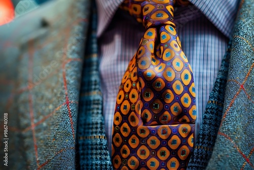 A close-up of a stylish tie with a vibrant pattern, showcasing fashion and elegance.