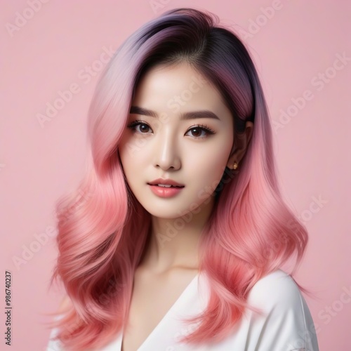 Elegant Woman with Pink Hair: Fashion and Makeup Studio Shot