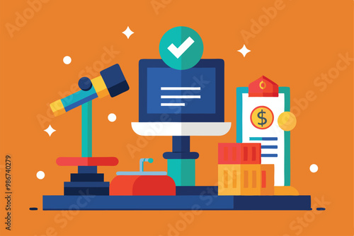 This illustration features auction tools, including a gavel, computer, and bidding cards on an orange background, Customizable flat illustration for auction.