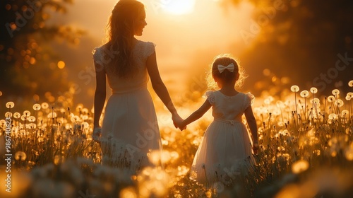 Mother and daughter walking through a field of dandelions at sunset photo