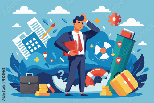 A businessman stands surrounded by various symbols of crisis management in a vibrant urban landscape, Customizable flat illustration for business crisis.