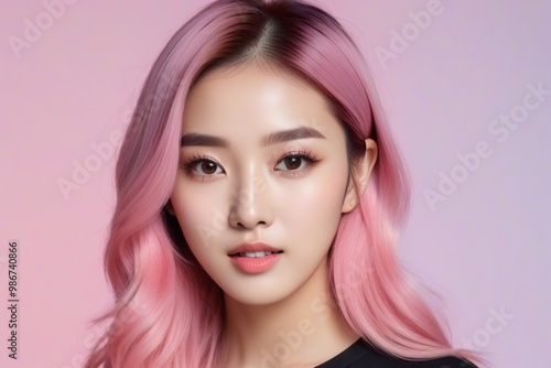 Elegant Woman with Pink Hair: Fashion and Makeup Studio Shot