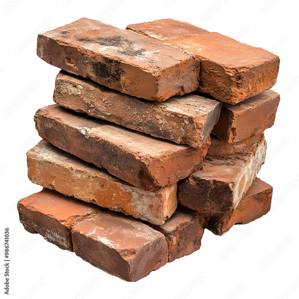 Stacked Red Bricks with Detailed Textured Surface on Clean White Background