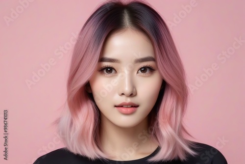 Elegant Woman with Pink Hair: Fashion and Makeup Studio Shot