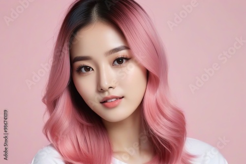 Elegant Woman with Pink Hair: Fashion and Makeup Studio Shot