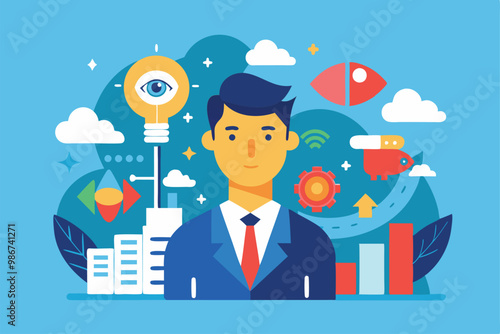 A customizable illustration showcases a professional man surrounded by business-related graphics and symbols, Customizable flat illustration for business vision.