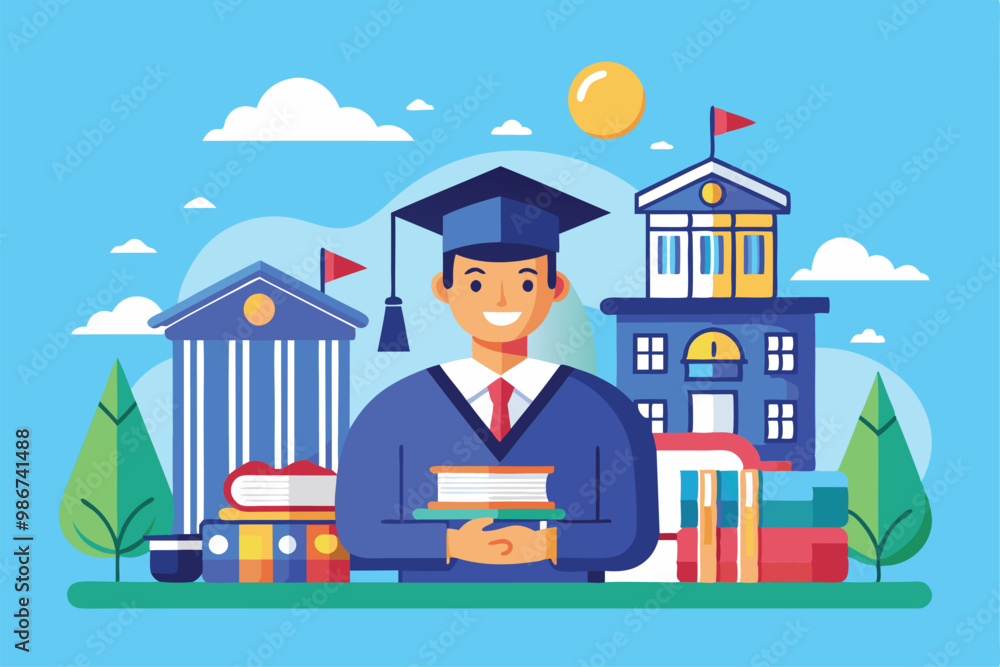 A happy college student in graduation attire holds books surrounded by educational buildings and trees, Customizable flat illustration for college students. A happy college student in graduation attire holds books surrounded by educational buildings and trees, Customizable flat illustration for college students.