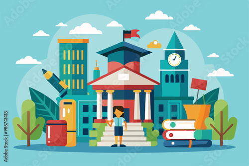 A vibrant college illustration featuring a student in front of an academic institution with books and tools, Customizable flat illustration for college admission.