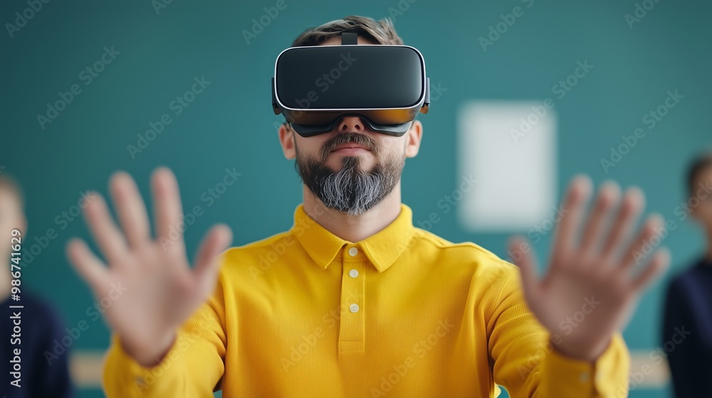Man Experiencing Virtual Reality with VR Headset and Hand Gestures Man Experiencing Virtual Reality with VR Headset and Hand Gestures
