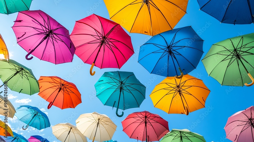 Vibrant background with umbrellas. vibrant umbrellas as an urban street accent. dangling umbrellas in various colors against a blue sky. Vibrant background colors. Background of holidays Vibrant background with umbrellas. vibrant umbrellas as an urban street accent. dangling umbrellas in various colors against a blue sky. Vibrant background colors. Background of holidays