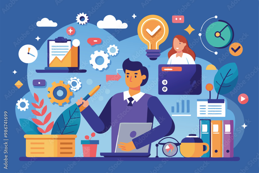 © Ifti Digital - A consultant engages with data analytics tools and graphics in a creative workspace, Customizable flat illustration for consulting.