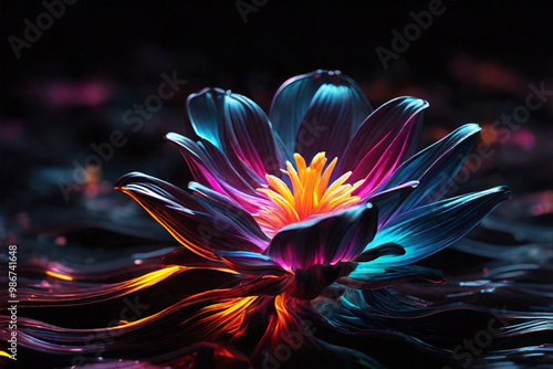 neon waves forming the shape of a sweet Aponogeton flower, rising from the ashes in a burst of light, multicolor