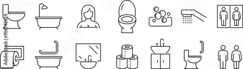 ベクターでモノクロのお風呂とトイレの線画アイコンセット