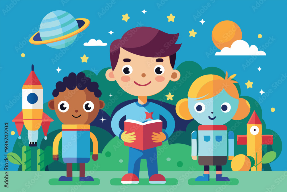 Three children smile while reading a book, surrounded by rockets and planets under a bright sky, Customizable flat illustration for curious children. Three children smile while reading a book, surrounded by rockets and planets under a bright sky, Customizable flat illustration for curious children.