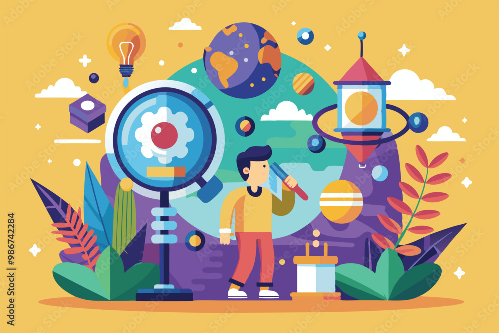 Naklejka premium A person stands thoughtfully among planets and lightbulbs, depicting a playful curiosity for exploration, Customizable flat illustration for curiosity.
