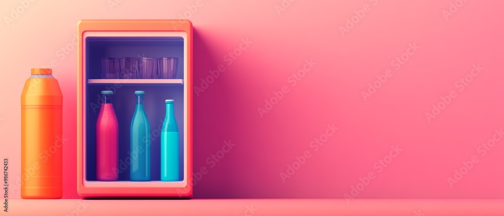 Fototapeta premium Colorful fridge with drinks on a vibrant pink background.
