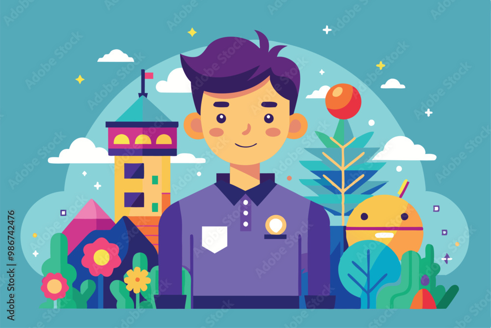 A curious individual stands in a colorful setting filled with plants and buildings, sparking interest and wonder, Customizable flat illustration for curious people. A curious individual stands in a colorful setting filled with plants and buildings, sparking interest and wonder, Customizable flat illustration for curious people.