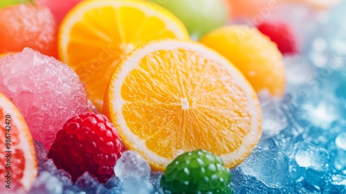 Colorful fruits on ice, vibrant and refreshing, perfect for summer beverages.