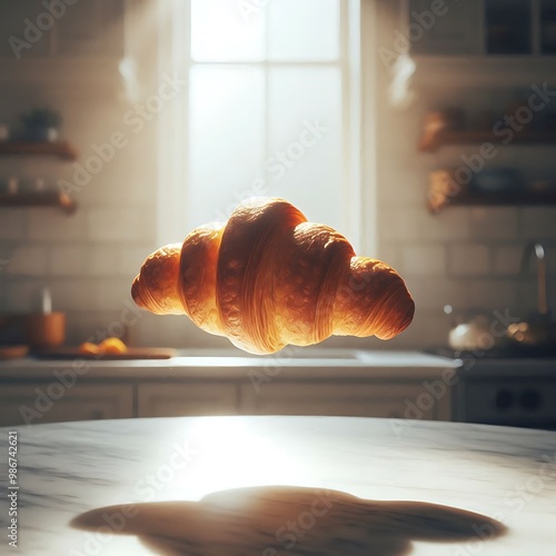 The beauty of a golden, flaky croissant floating effortlessly above a marble countertop is accentuated by the gentle morning light, illuminating its delicious buttery layers and creating a mouthwater photo