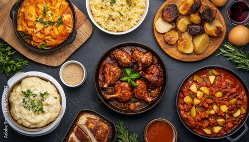 Delicious spread of various homemade dishes on a wooden table.