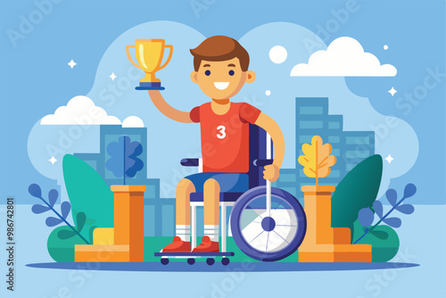 A young athlete celebrates by raising a trophy while seated in a wheelchair in an urban park setting, Customizable flat illustration for disabled winner.