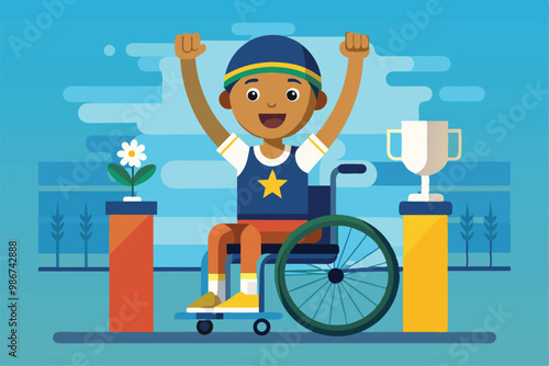 A cheerful disabled winner raises their hands in celebration beside a trophy and flower pots, Customizable flat illustration for disabled winner.
