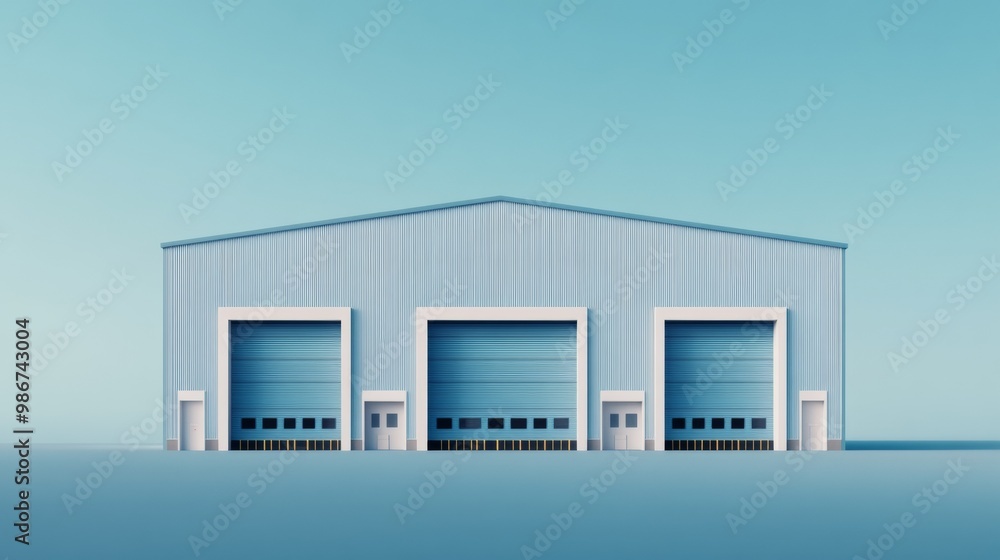 Modern industrial building with three large loading doors against a clear blue sky. Modern industrial building with three large loading doors against a clear blue sky.