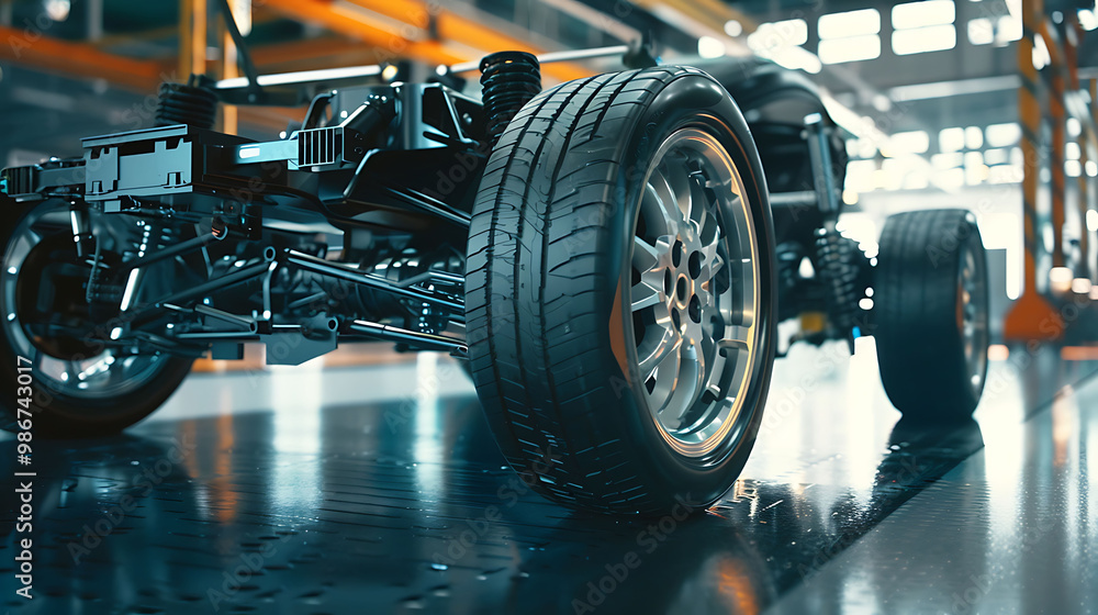 Fototapeta premium Automotive chassis frame with rubber tire wheels stands on the dark assembly line floor within an industrial factory environment for technical manufacturing showcase.