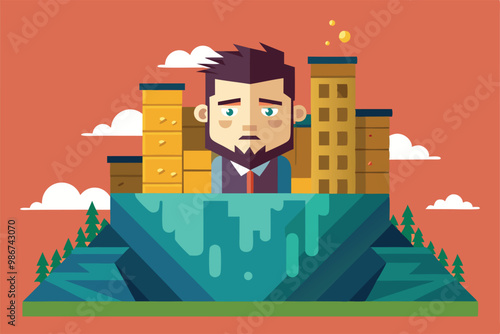 A man displays signs of despair as he stands before deteriorating buildings, blending nature and urban decay, Customizable flat illustration for Downfall.
