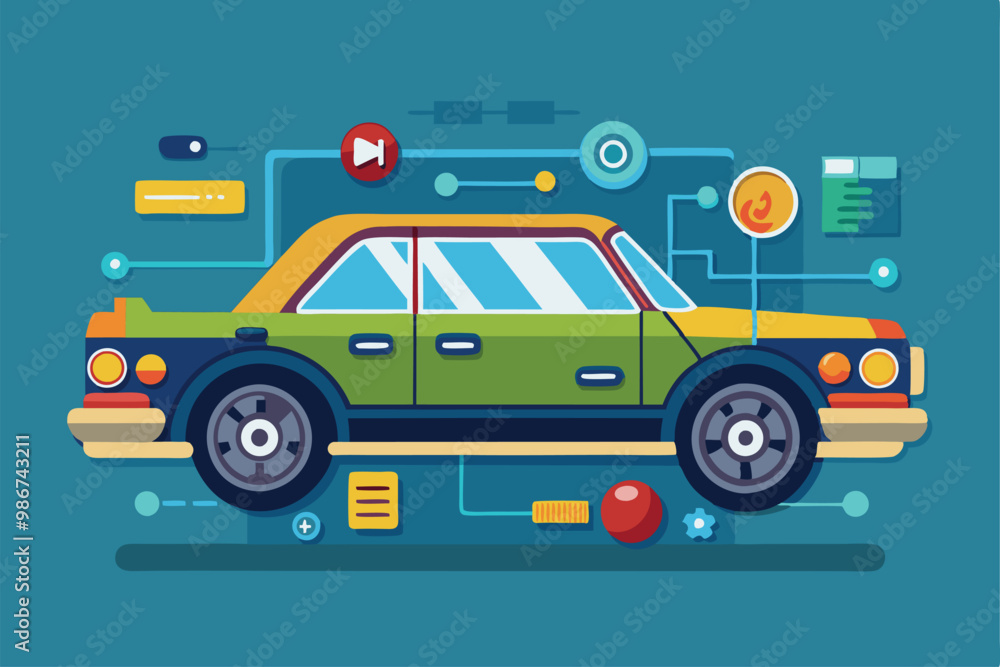 Naklejka premium A vibrant illustration featuring a car integrated with various technological elements for driving and customization, Customizable flat illustration for driving.