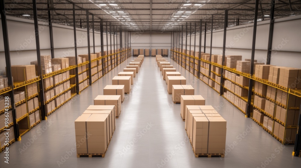 Fototapeta premium Spacious warehouse interior filled with stacked cardboard boxes.