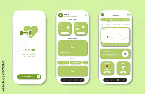 Online Fitness Mobile App Design for mobile app. Fitness platform screens with products. Graphical user interface for responsive mobile app