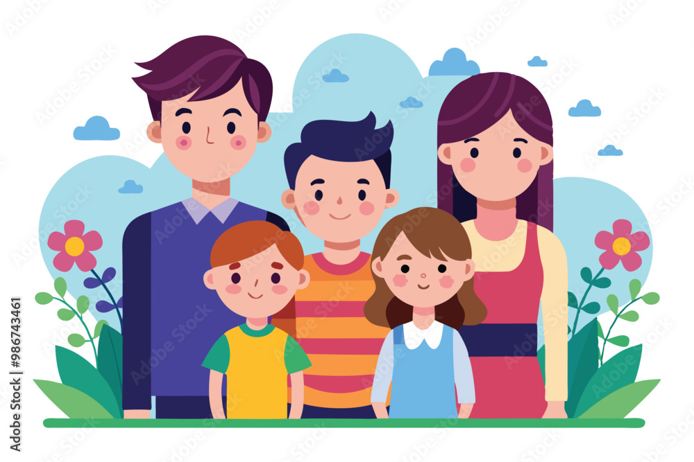 A joyful family with three children enjoys a sunny day surrounded by flowers and greenery, Customizable flat illustration for families. A joyful family with three children enjoys a sunny day surrounded by flowers and greenery, Customizable flat illustration for families.
