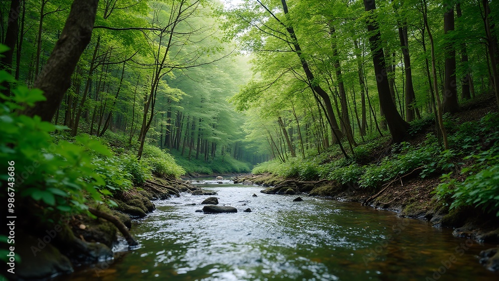 Thriving Running valley in the heart of the forest, with large green space of trees and grass Thriving Running valley in the heart of the forest, with large green space of trees and grass
