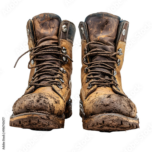 Weathered and Muddy Construction Worker's Boots on White Background photo