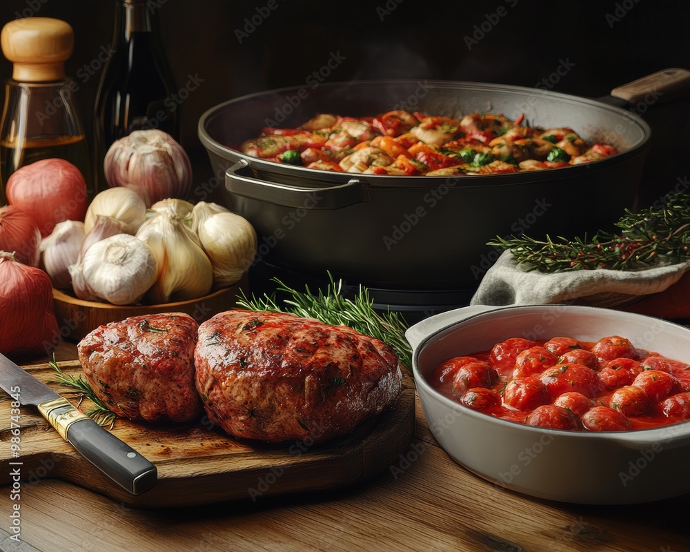 Delicious ingredients on a wooden table, ready for a savory dish preparation. Delicious ingredients on a wooden table, ready for a savory dish preparation.