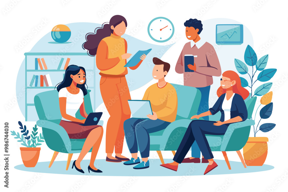 Participants discuss and connect in a cozy group therapy session in an inviting room filled with plants, Customizable flat illustration for group therapy. Participants discuss and connect in a cozy group therapy session in an inviting room filled with plants, Customizable flat illustration for group therapy.