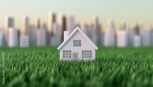 Miniature house on green grass with a city skyline blurred in the background.