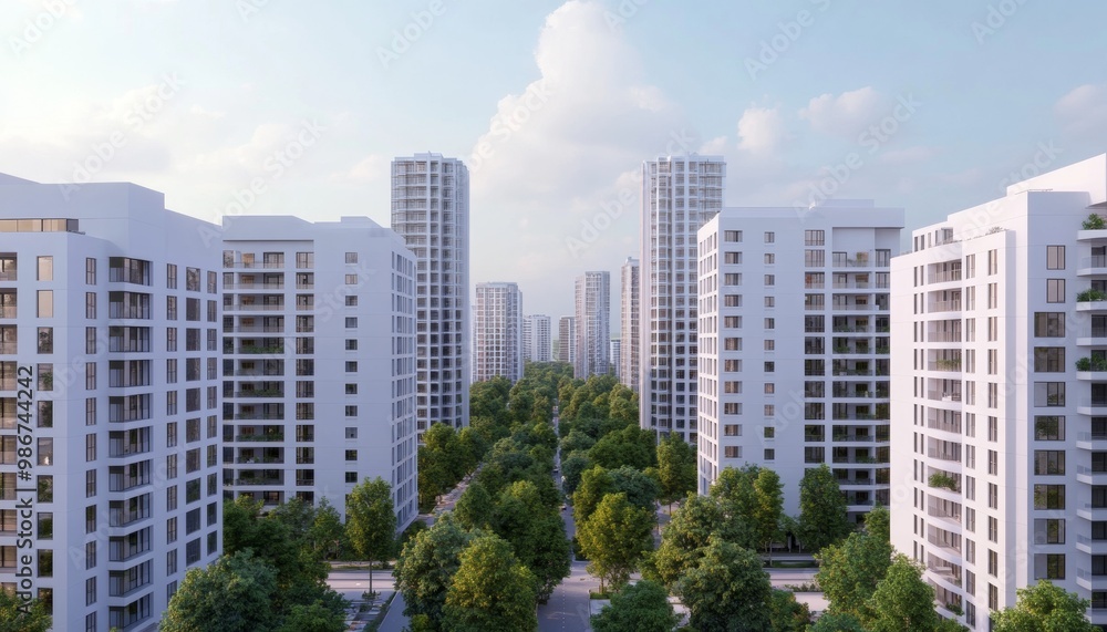 Modern urban skyline with green trees and contemporary residential buildings. Modern urban skyline with green trees and contemporary residential buildings.