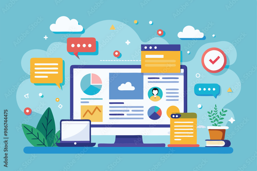 A vibrant illustration showcases a computer screen with graphs, chat bubbles, and a plant on the desk, Customizable flat illustration for intranet. A vibrant illustration showcases a computer screen with graphs, chat bubbles, and a plant on the desk, Customizable flat illustration for intranet.