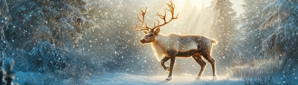 A majestic reindeer walks gracefully through a snowy forest, illuminated by soft sunlight filtering through the trees. A majestic reindeer walks gracefully through a snowy forest, illuminated by soft sunlight filtering through the trees.