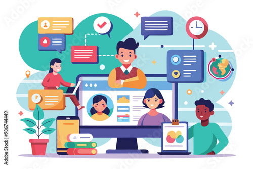 This illustration depicts diverse individuals collaborating and communicating through digital platforms on an intranet, Customizable flat illustration for intranet.