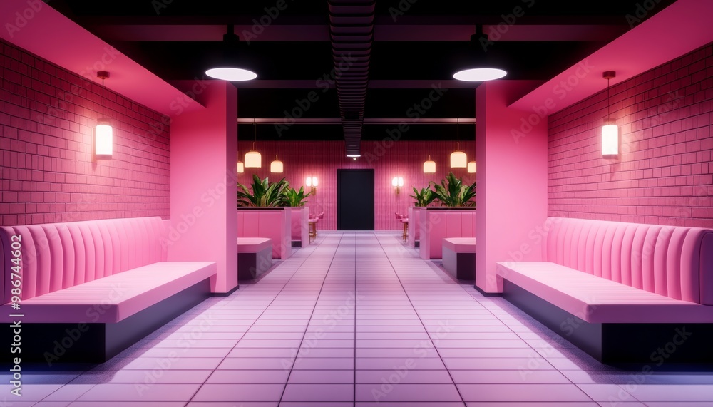 Stylish pink interior design with seating and plants in a modern space. Stylish pink interior design with seating and plants in a modern space.