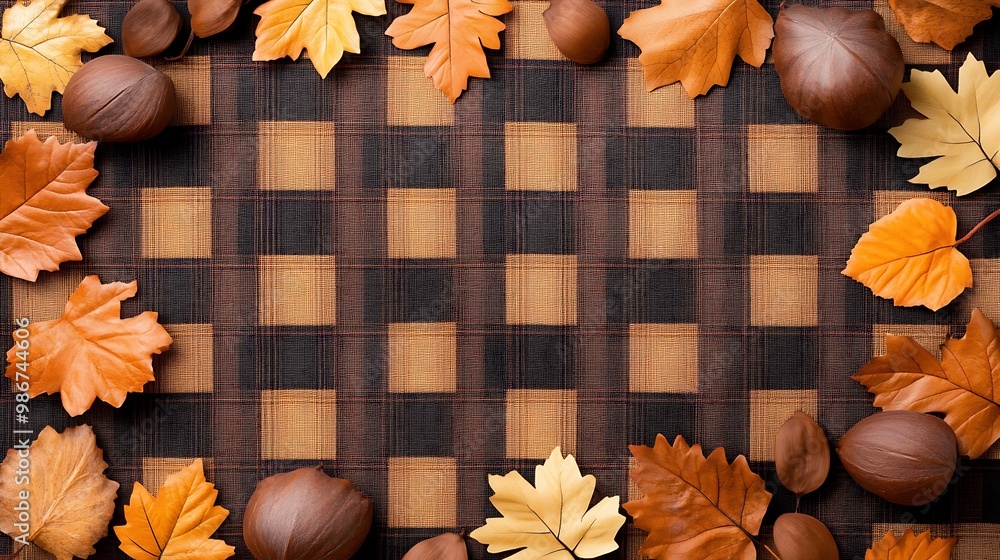 Autumn Leaves and Chestnuts on a Textile Background Autumn Leaves and Chestnuts on a Textile Background